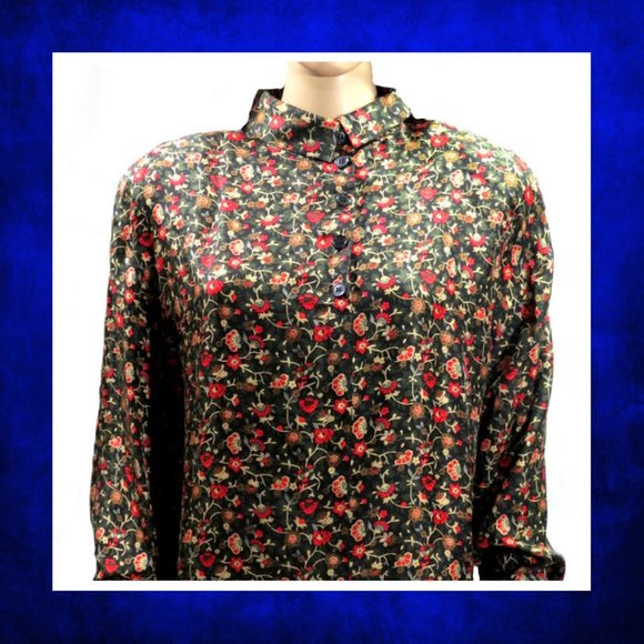 Silk Floral Print Button Up Blouse Top - Picture 4 of 4